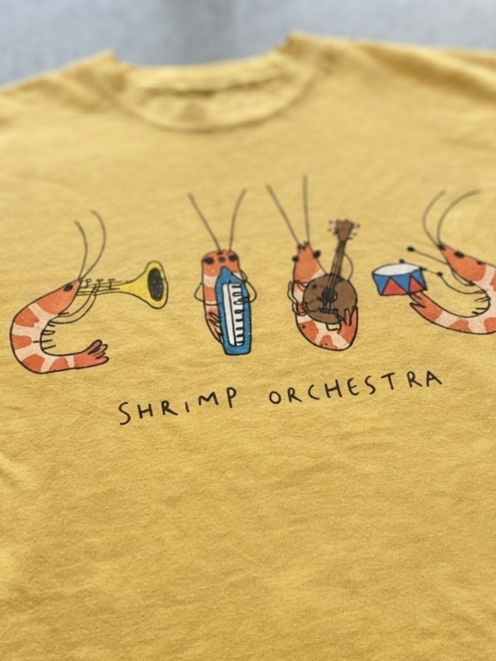 Shrimp Orchestra Whimsical Graphic Yellow Gildan T-shirt - Picture 2 of 2